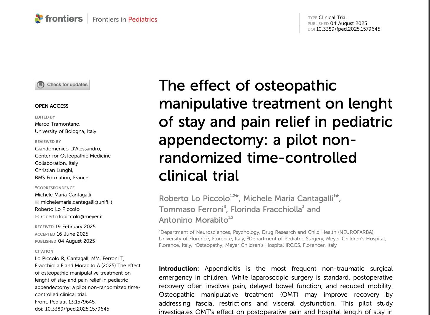 Pubblicato lo Studio Clinico dedicato all’efficacia del Trattamento Manipolativo Osteopatico volto al sostegno della Salute dei pazienti pediatrici operati di Appendicectomia presso l’AOU Meyer di Firenze